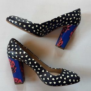 J. Crew Black and Blue Heels with Heart Pattern